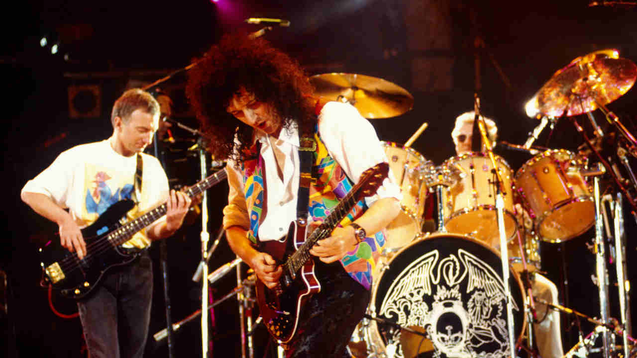 Queen&amp;rsquo;s John Deacon, Brian May and Roger Taylor performing at the Freddie Mercury Tribute Concert