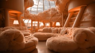 A peachy room with fuzzy seating, lighting, and a glass roof