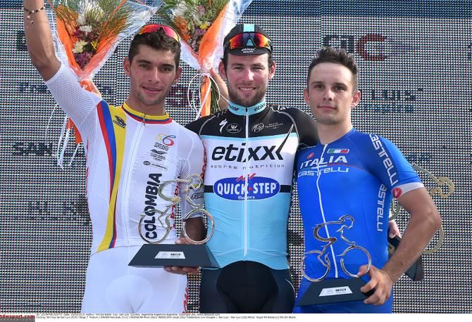Stage 7 podium (l-r): Fernando Gaviria (Colombia), Mark Cavendish (Etixx-QuickStep), Jakub Mareczko (Italy)
