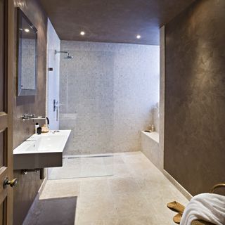 bathroom with brown wall wash basin and shower cabin