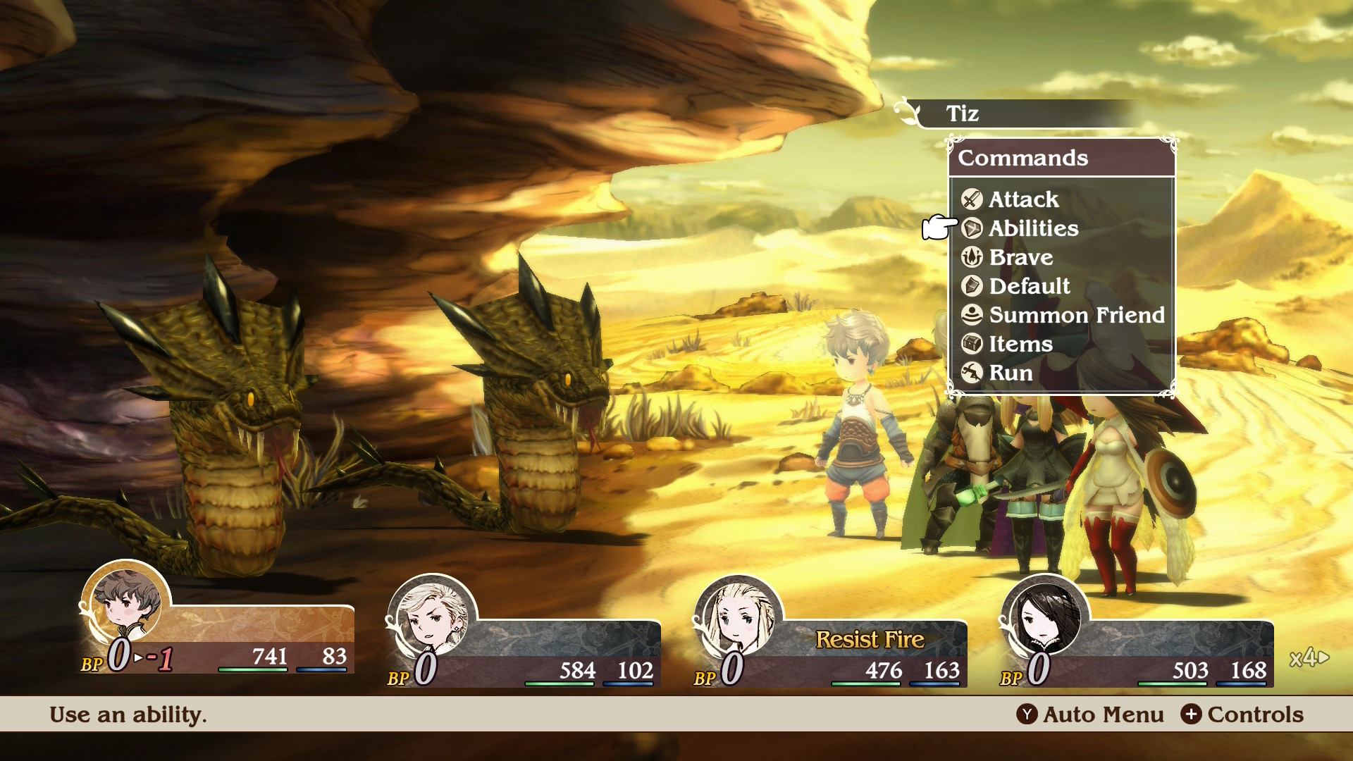 Bravely Default Flying Fairy HD Remaster screenshot showing the party opening the commands menu while fighting two snakes in a desert