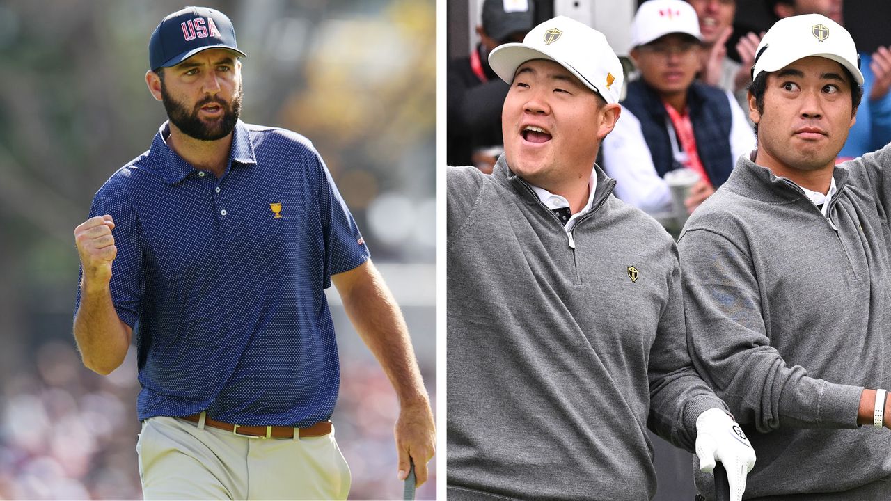 Scottie Scheffler fist pumps, Sungjae Im and Hideki Matsuyama wave to the crowd