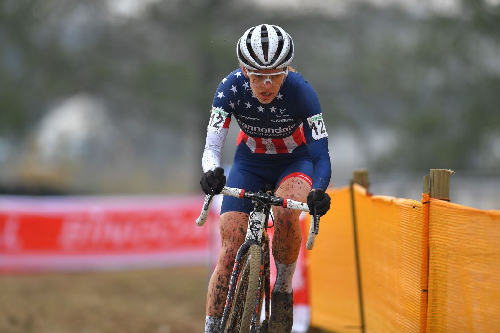BOOM BELGIUM DECEMBER 06 Clara Honsinger of The United States of The United States and Cycling Mudfund Development Team during the 6th Superprestige Cyclocross Boom 2020 Women Elite De Schorre Boom Superprestige2021 SPBoom SuperprestigeCX on December 06 2020 in Boom Belgium Photo by Luc ClaessenGetty Images