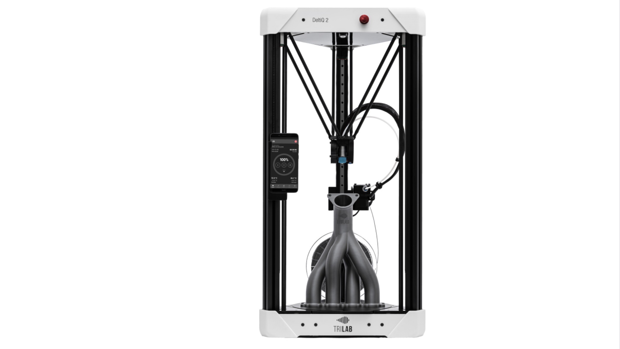 En 3D-printer av typen TRILAB DeltiQ 2 mot en hvit bakgrunn.