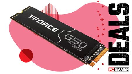 An image of a Team Group T-Force G50 SSD against a colorful background with the phrase "Deals" on the right, above a PC Gamer logo