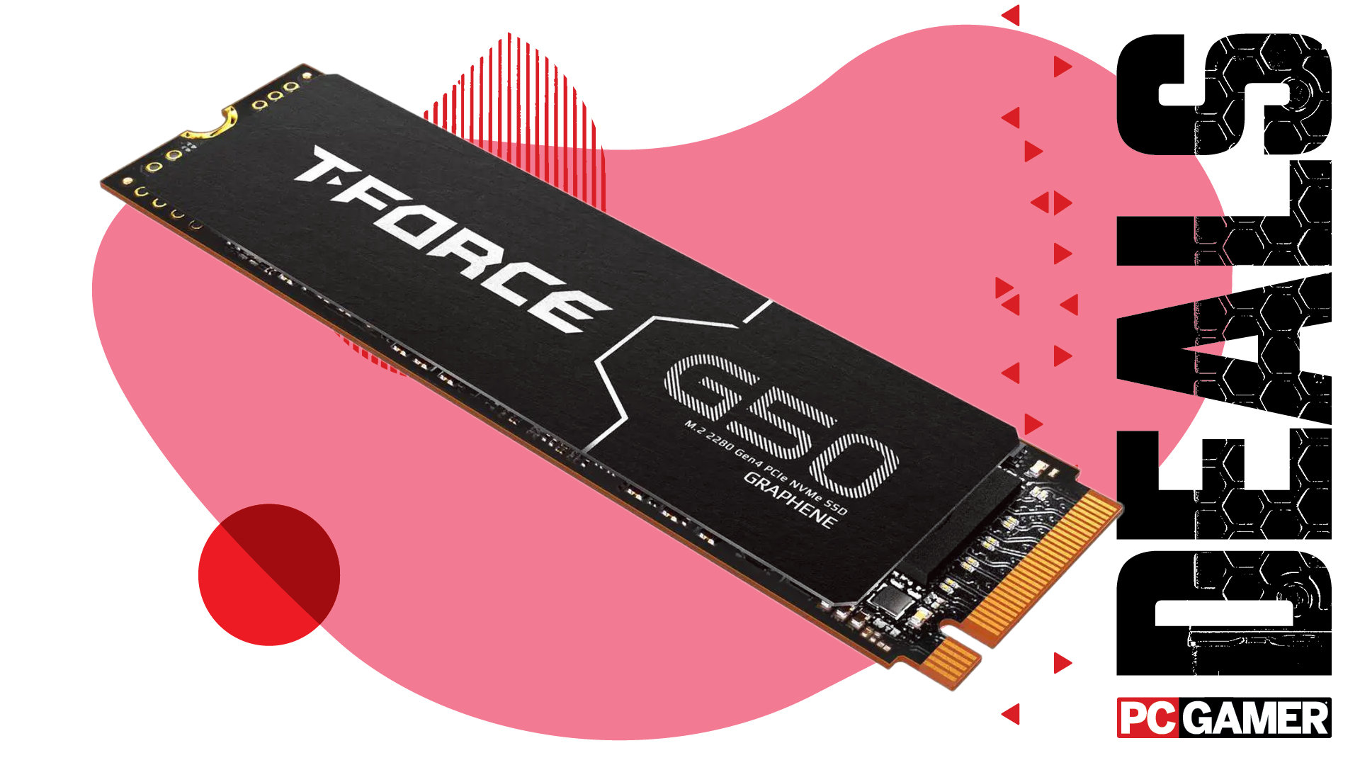 An image of a Team Group T-Force G50 SSD against a colorful background with the phrase "Deals" on the right, above a PC Gamer logo