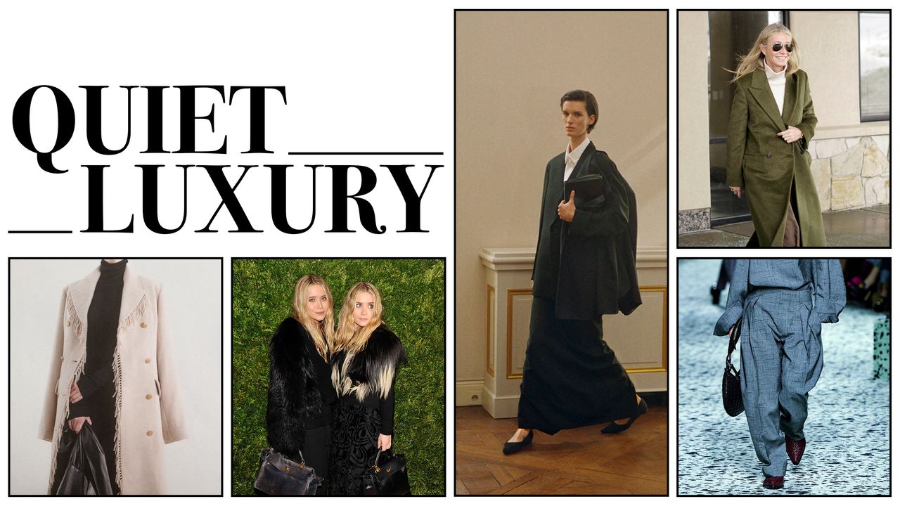 A graphic of quiet luxury essentials like trousers, maxi coats, and ballet flats.