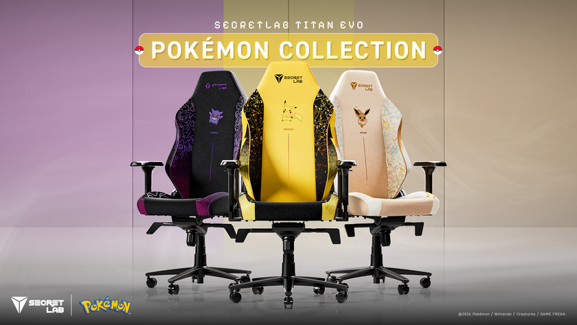 The three new Secretlab x Pok&eacute;mon collab chairs on a basic background.