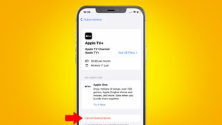 An iPhone on a yellow background showing how to cancel a subscription