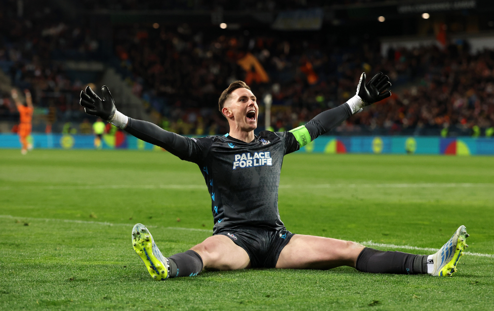 Dean Henderson of Crystal Palace celebrates as teammate Jorgen Strand Larsen (not pictured) scores his team's third goal during the UEFA Europa Conference League match