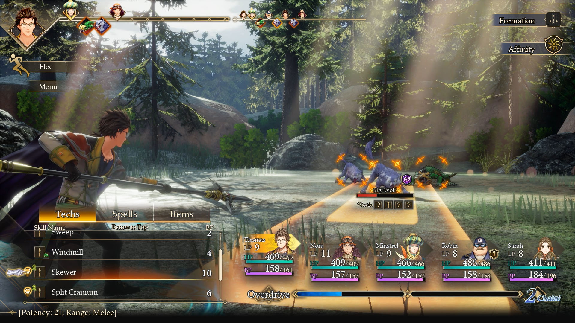 Thomas prepares a Skewer attack against a Sky Wolf and other enemies in a woodland battle in Romancing SaGa 3: Destinies United