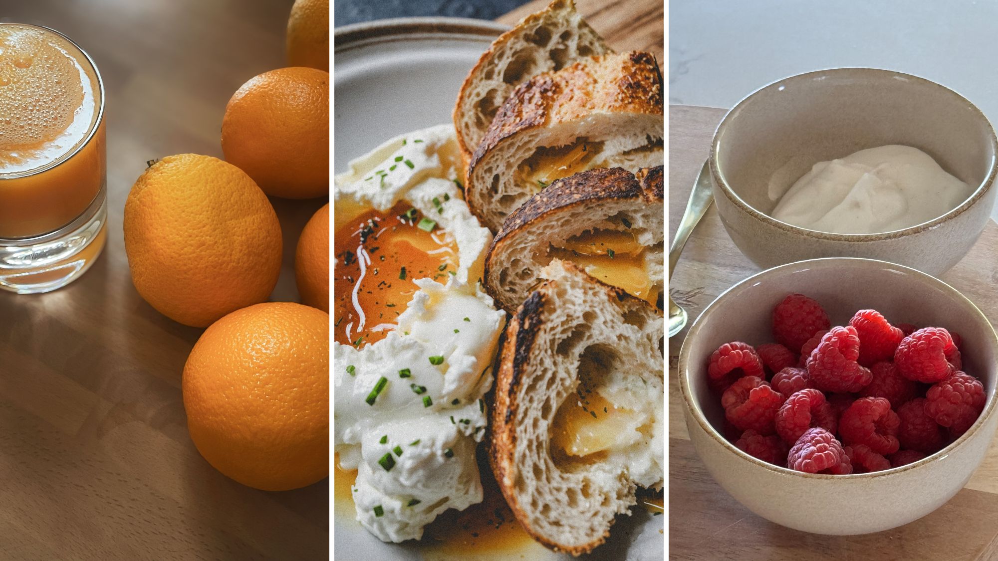 Habit stacking your nutrition: Orange juice, eggs and sourdough, and a yoghurt bowl with raspberries