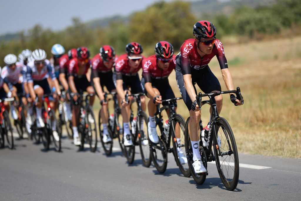 BEZIERS FRANCE AUGUST 01 Dylan Van Baarle of The Netherlands and Team Ineos Jonathan Castroviejo of Spain and Team Ineos Tao Geoghegan Hart of The United Kingdom and Team Ineos during the 44th La Route dOccitanie La Depeche du Midi 2020 Stage 1 a 187km stage from Saint Affrique to Cazouls ls Bziers RouteOccitanie RDO2020 on August 01 2020 in Beziers France Photo by Justin SetterfieldGetty Images