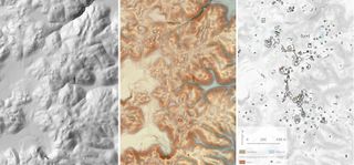 Analyzing lidar terrain data can take months. Here, shaded relief terrain (left) can conceal important details, such as low mounds. More-complex visualizations, such as the red relief-image map (center) can make those details pop. But even more analysis is needed to identify and classify features (right). All three images show the site of Dos Torres, which is located between the cities of Tikal and Uaxactun.