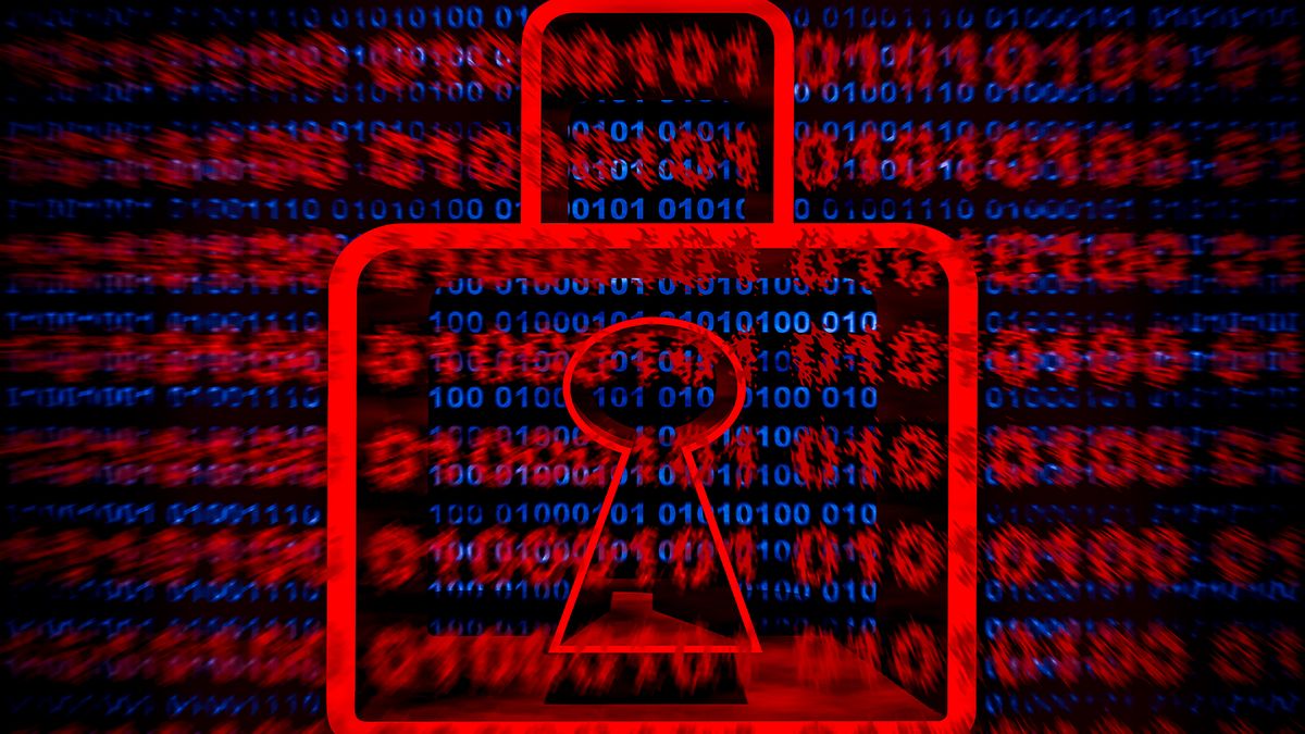 Ransomware concept image showing a red colored digitized padlock with binary code in background.