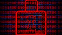 Ransomware concept image showing a red colored digitized padlock with binary code in background.