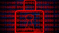 Ransomware concept image showing a red colored digitized padlock with binary code in background.
