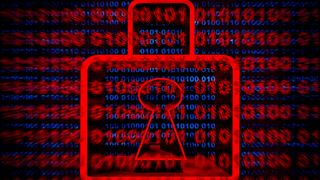 Ransomware concept image showing a red colored digitized padlock with binary code in background.