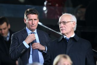 Lord Coe in the Stamford Bridge stands with Chelsea’s Bruce Buck, righ