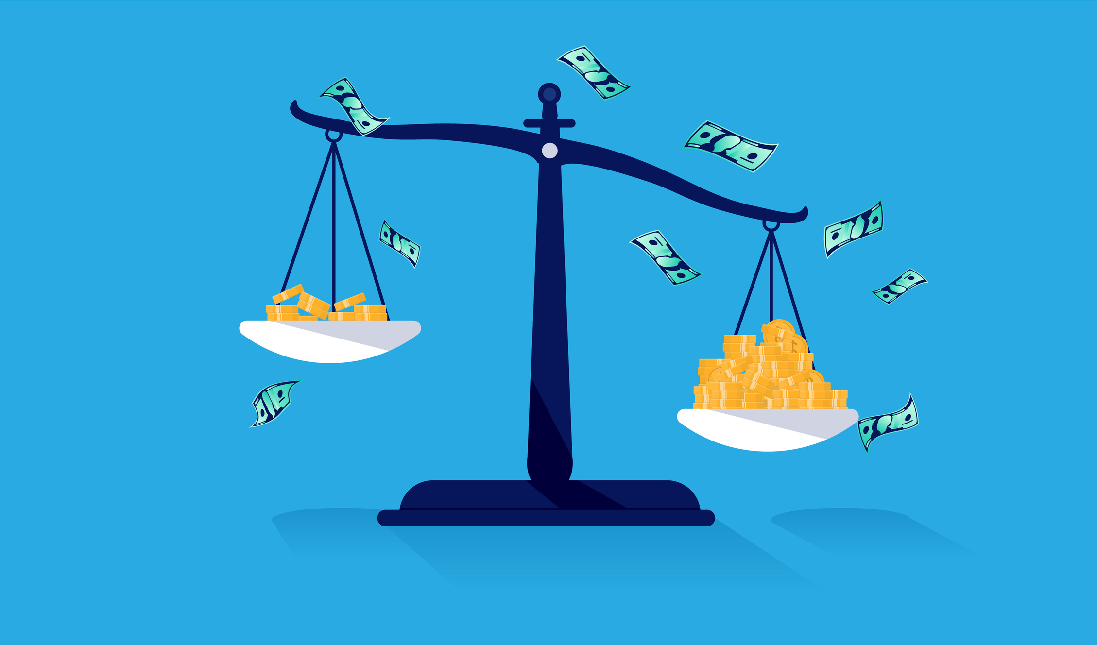 cartoon rendering of the scales of justice using money