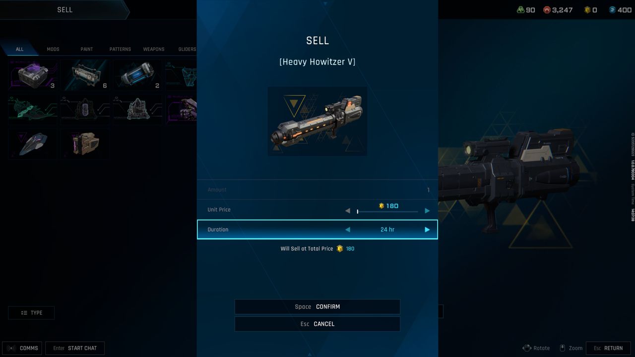 Mecha Break Corite: The sell listing screen for a Heavy Howitzer V, showing the Corite value.
