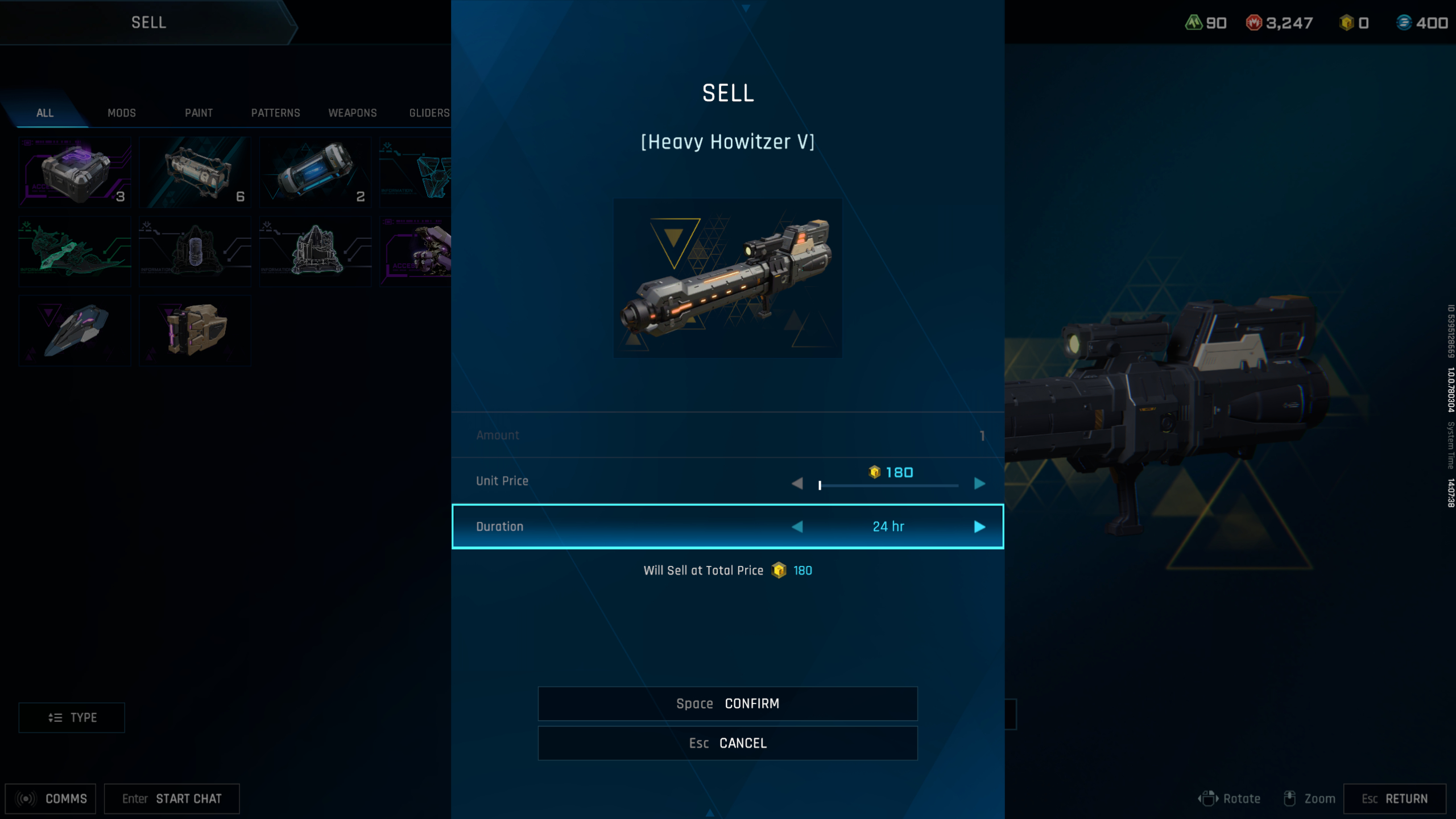 Mecha Break Corite: The sell listing screen for a Heavy Howitzer V, showing the Corite value.