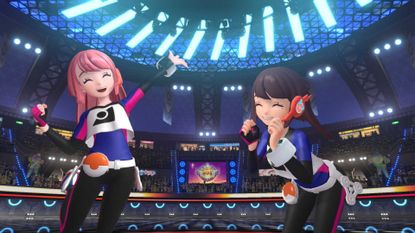 Screenshot of the start of a Pokemon Champions battle, two competing trainers are smiling and posing.