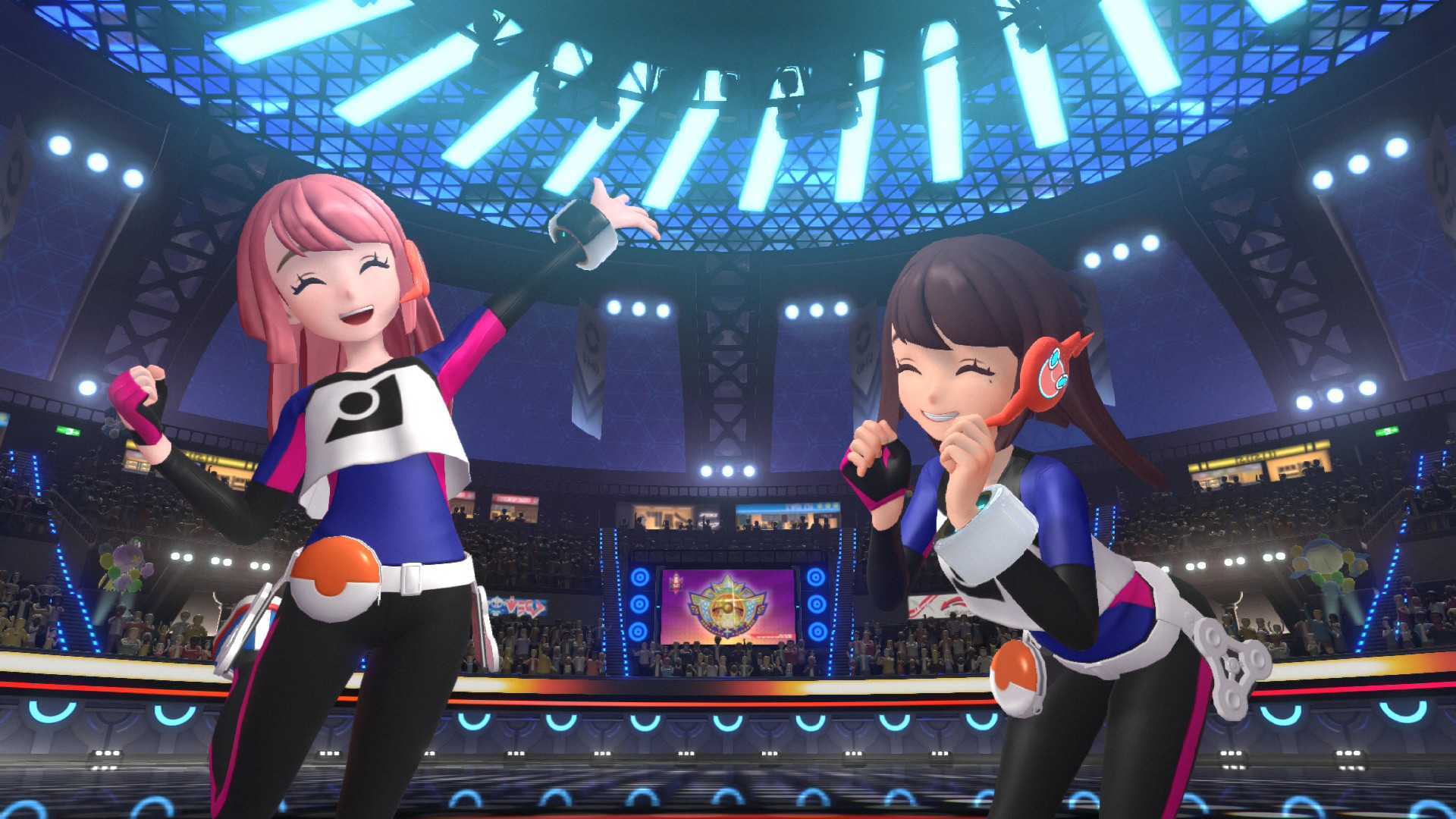 Screenshot of the start of a Pokemon Champions battle, two competing trainers are smiling and posing.