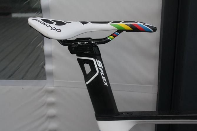 A customised world champion Prologo saddle sits atop the S-flex stem which houses the new generation Shimano Di2 battery