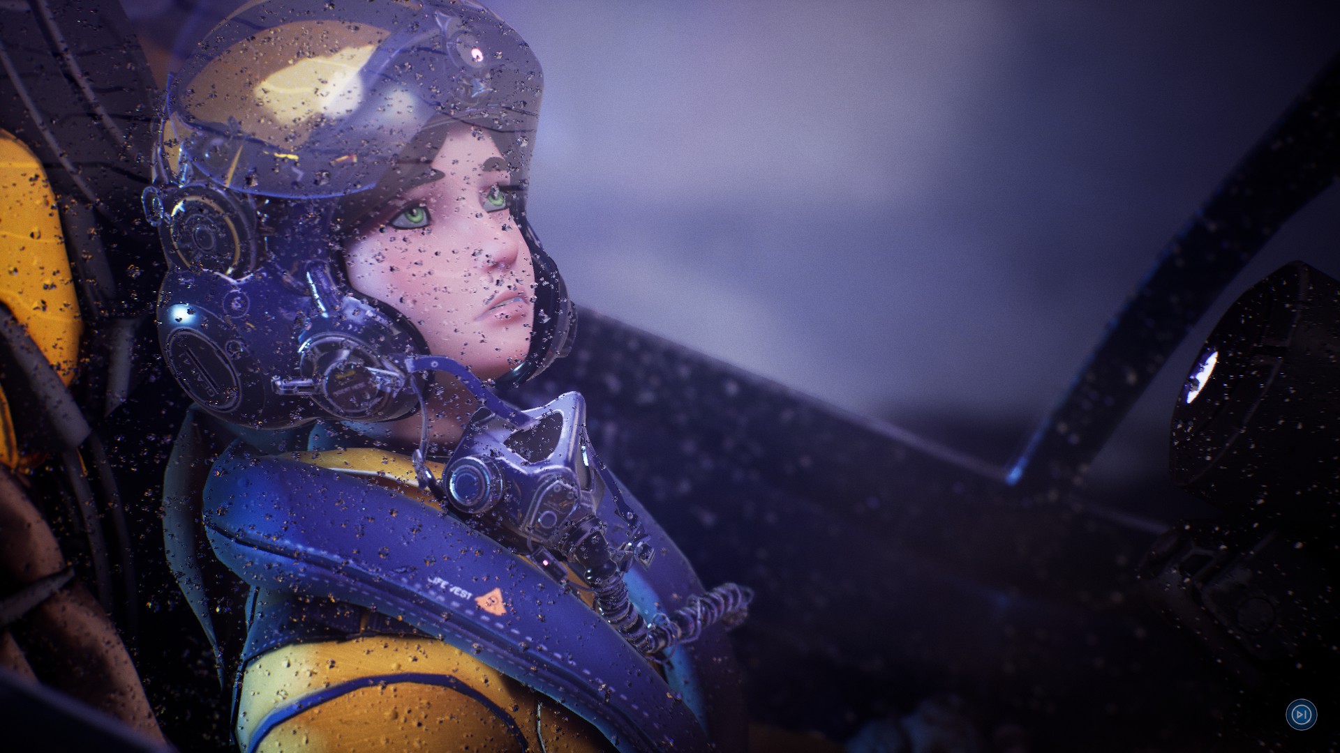 A pilot looks out of a rain-swept cockpit.