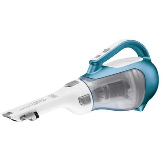 A white and blue handheld vacuum cleaner