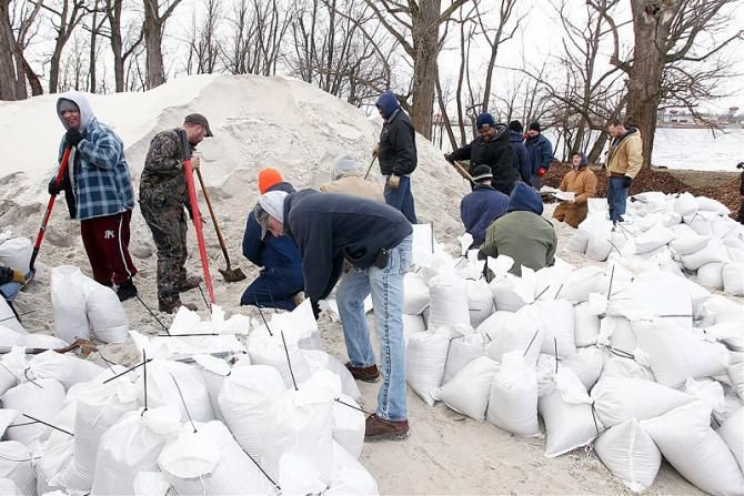 These sand bags will soon be put to use keeping the rising Ohio River away from the cyclo-cross Worlds course.