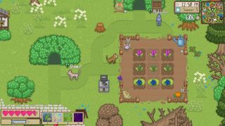 Cattails: Wildwood Story - A pixel art forest meadow where a cat looks at a garden of herbs surrounded by grassy cat dens