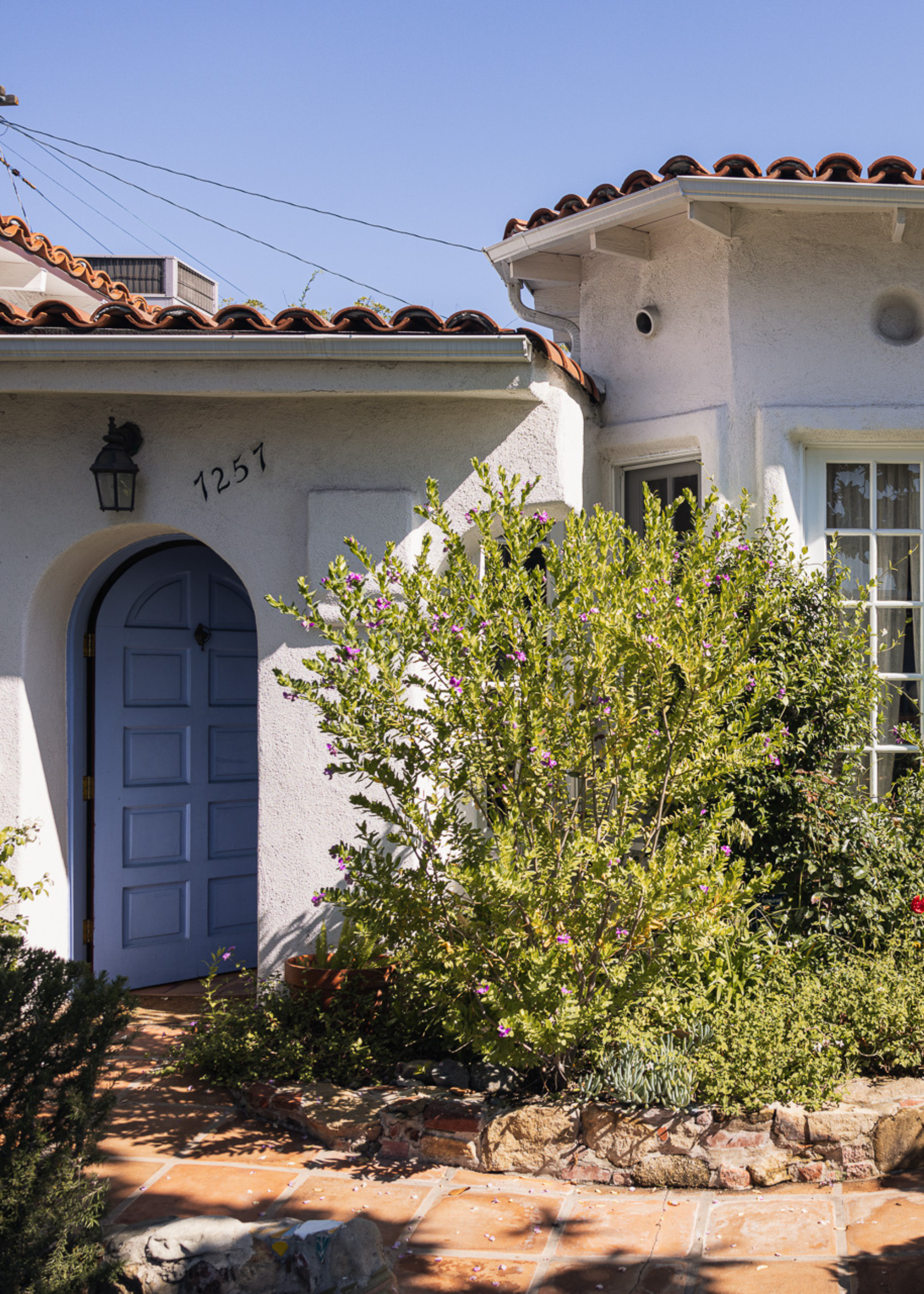 A stone path entryway by a front yard with tall green plants and flowers leading to a blue arched door