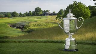 The PGA Championships Wanamaker trophy on the 18th hole at Valhalla Golf Club