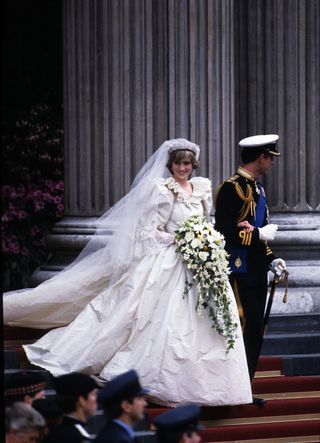 Princess Diana in her white puffy wedding gown