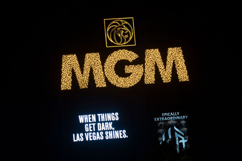 A tribute message for the victims of the Route 91 Harvest country music festival is displayed on the marquee of MGM Grand Hotel &amp;amp; Casino, on October 8, 2017 in Las Vegas, Nevada.