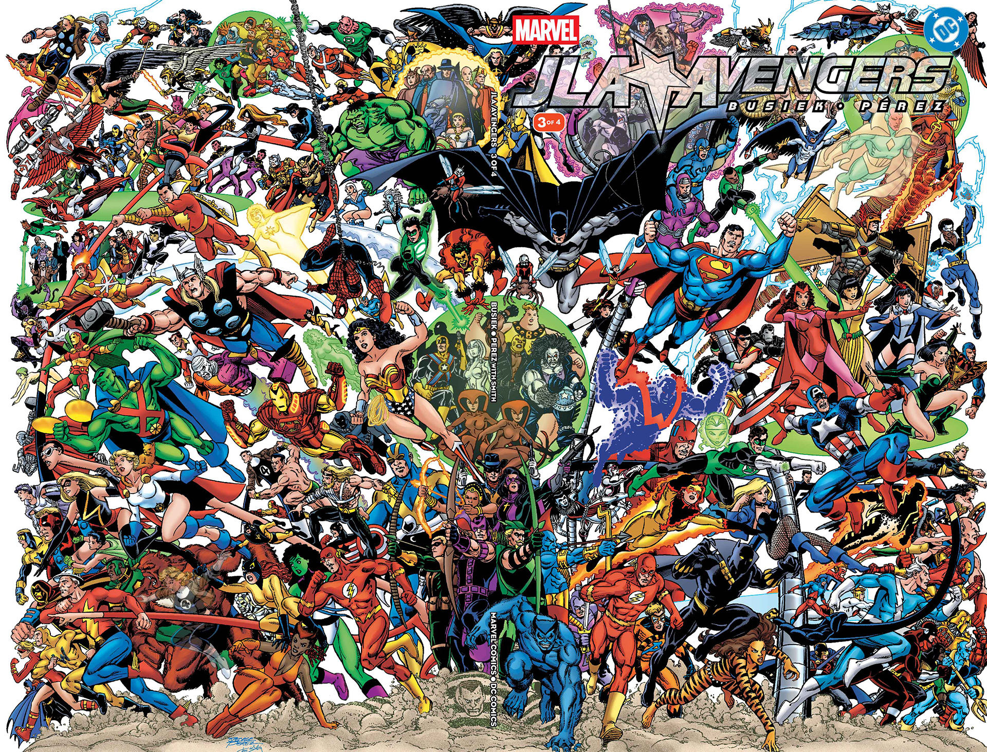 Dozens of Avengers and Justice Leaguers all springing into action
