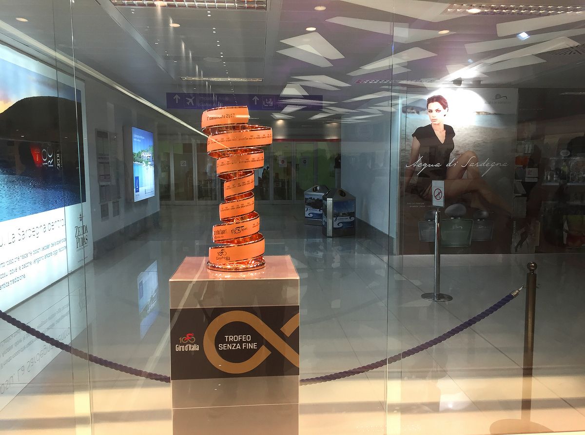 The Trofeao Senza Fina is on display at the Alghero airport before the racing gets underway Friday