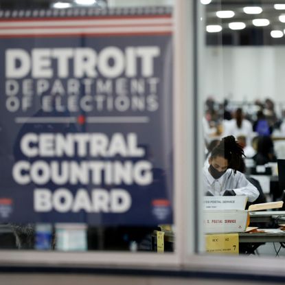 topshot detroit election workers work on counting absentee ballots for the 2020 general election at tcf center on november 4, 2020 in detroit, michigan president donald trump and democratic challenger joe biden are battling it out for the white house, with polls closed across the united states and the american people waiting for results in key battlegrounds still up for grabs photo by jeff kowalsky afp photo by jeff kowalskyafp via getty images