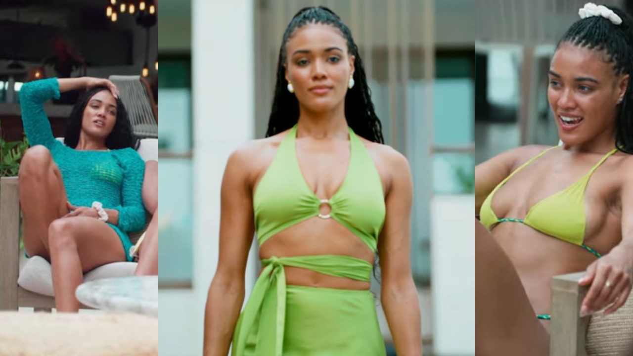 Three photos of Zoe McGrady wearing different shades of green outfits.