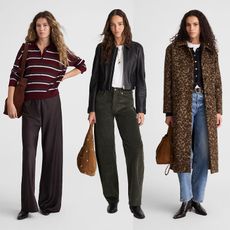 one model wears a striped burgundy and white sweater with trousers and a suede bag, one model wears black leather jacket and white tee shirt with dark green balloon pants and a suede bag, and one model wears a leopard print coat on top of a black sweater blue jeans black boots and a suede bag
