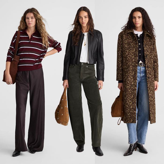 one model wears a striped burgundy and white sweater with trousers and a suede bag, one model wears black leather jacket and white tee shirt with dark green balloon pants and a suede bag, and one model wears a leopard print coat on top of a black sweater blue jeans black boots and a suede bag