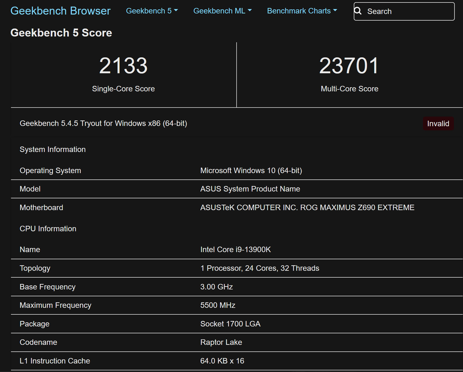 Raptor Lake flagship Geekbench