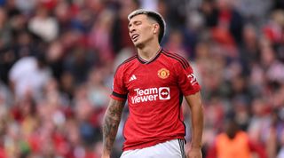 Manchester United defender Lisandro Martinez reacts during the Premier League match between Manchester United and Brighton & Hove Albion at Old Trafford on September 16, 2023 in Manchester, England.