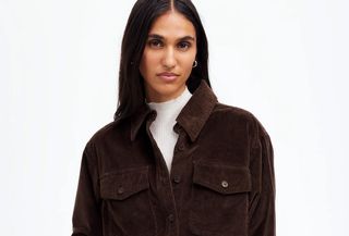 Model wearing Madewell brown Corduroy Relaxed Shirt-Jacket.