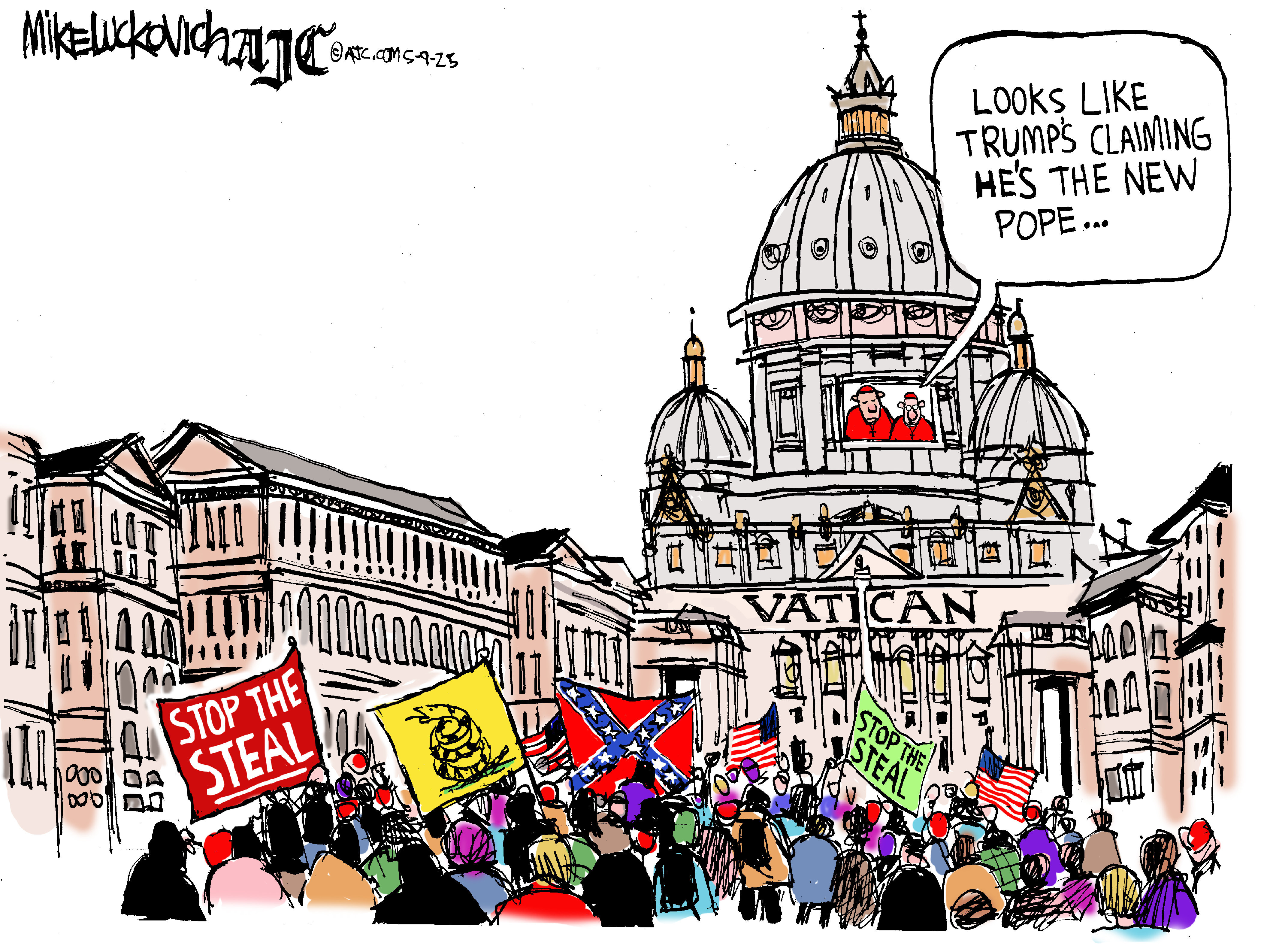 This editorial cartoon depicts a crowd of people holding "STOP THE STEAL" signs and other flags, including a Gadsden flag and a Confederate flag, gathered in front of the Vatican. A speech bubble points towards the Vatican windows, where two figures are visible, and says, "LOOKS LIKE TRUMP'S CLAIMING HE'S THE NEW POPE..."