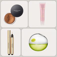 Collage of nostalgic beauty products, including BareMinerals foundation, Lancome Juicy Tubes, YSL Touche Eclat and DKNY Be Delicious