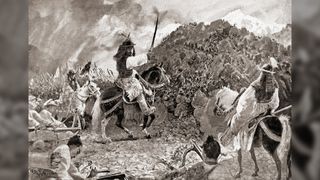 Li Ling, a Han Dynasty general, and his army attacking the Huns in B.C. 99. He is riding a horse and leading his army into battle.