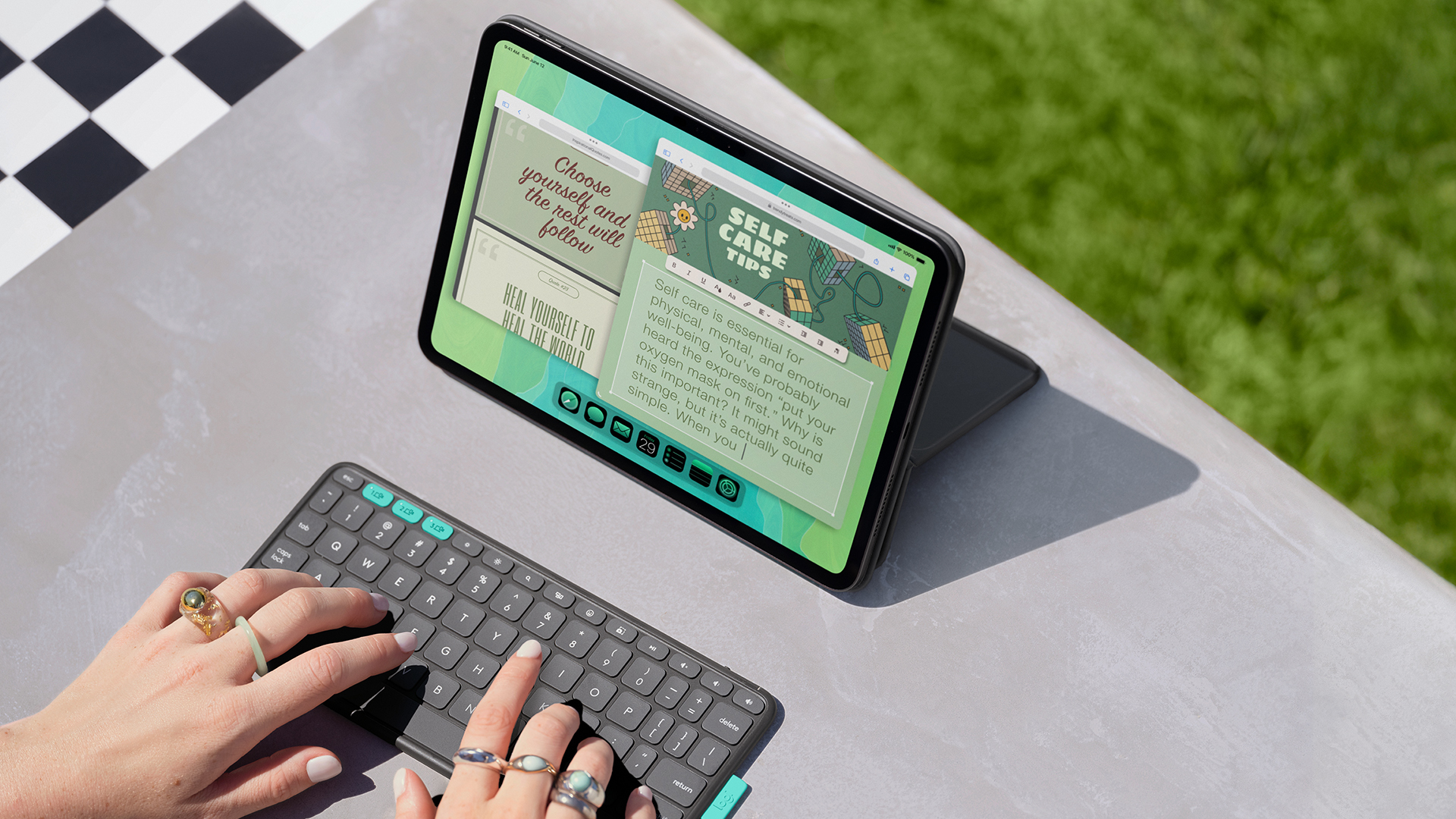 An iPad being used with the Flip Folio keyboard